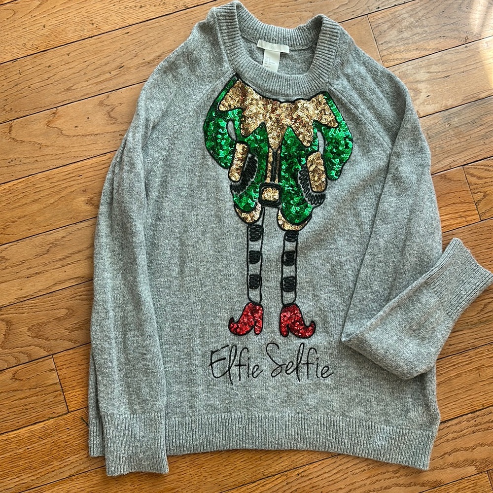 H & M Size Small Christmas Sweater Elfie Selfie sequins so fun!!! EUC